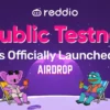 Airdrop campaign promotion with steps to earn rewards by bridging to Reddio Layer 2, referring friends, and completing social tasks, featuring a futuristic gaming theme