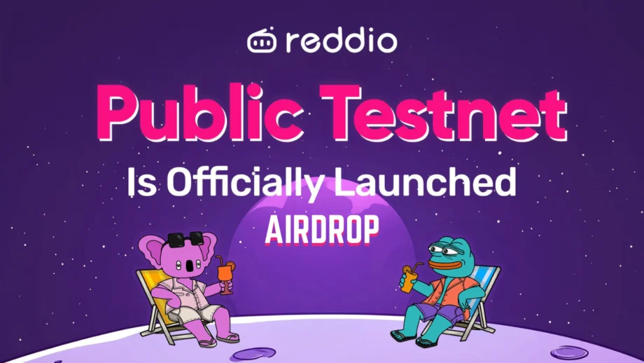 Airdrop campaign promotion with steps to earn rewards by bridging to Reddio Layer 2, referring friends, and completing social tasks, featuring a futuristic gaming theme